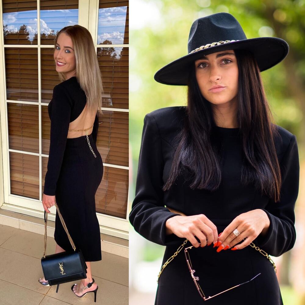 Misha Collection Kora Black Midi Dress Gold Chain Belt Padded Shoulder Size 6